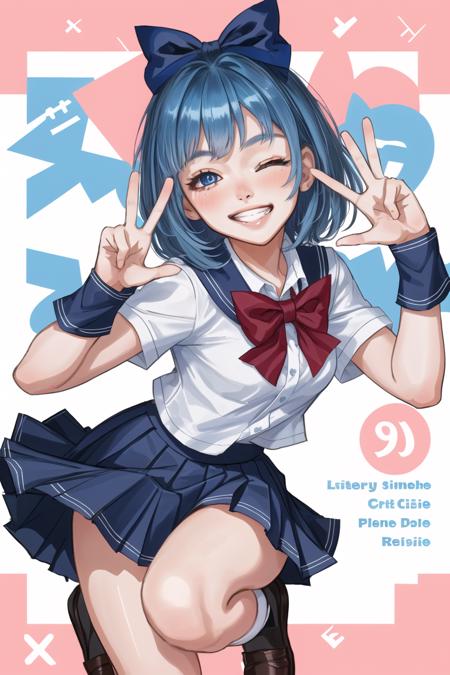 01817-3271531934-1girl, one eye closed, v, blue hair, blue eyes, solo, school uniform, smile, double v, skirt, looking at viewer, cover, pleated.png